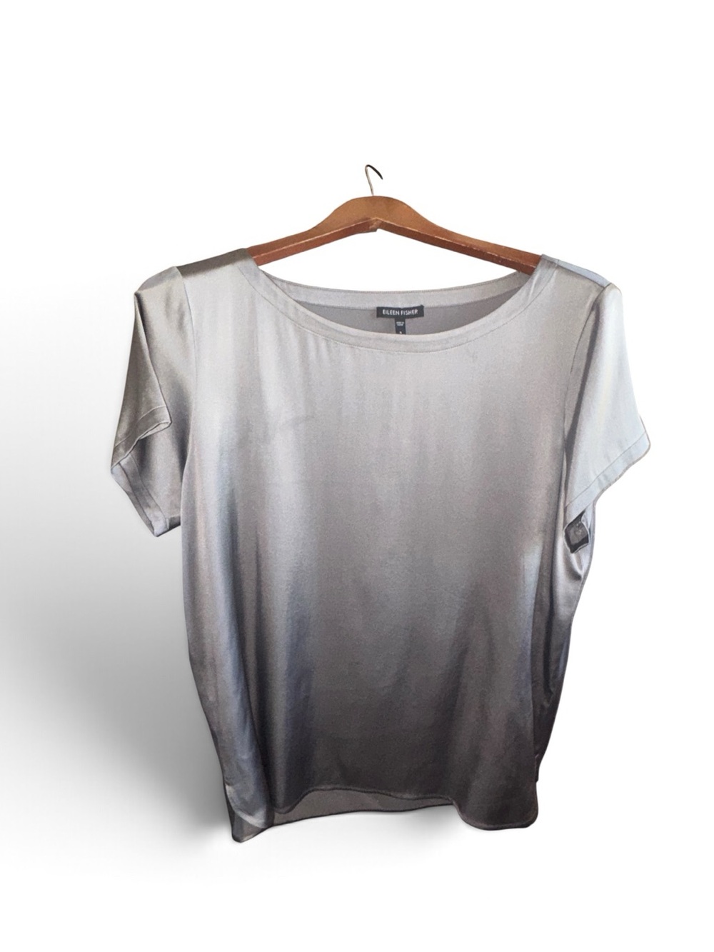 Eileen Fisher Silver-Gray Short Sleeve Silk Oversized Blouse Quiet Luxury Top